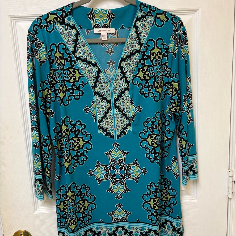 JM Collection Teal and Black Patterned Blouse